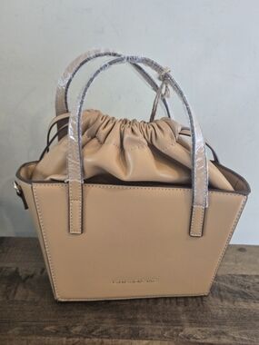 EXPRESSIONS NYC Bucket Crossbody Bag Camel Tan Vegan Leather Party Mini Purse